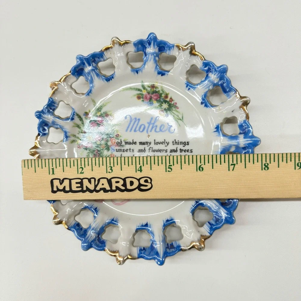 Vintage Mother Poem Collector Plate Reticulated Edge Blue Gold Trim Japan 8 inch